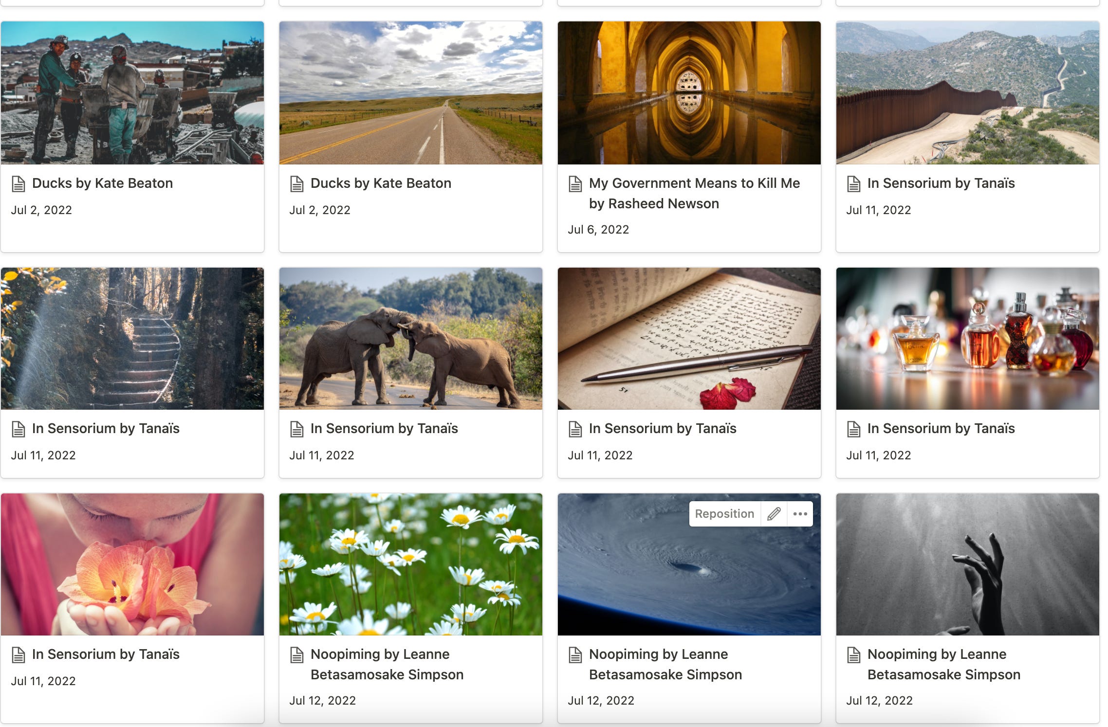 A screenshot of my commonplace book on Notion—several rows of small images (a road, perfume, a cathedral, daisies, a group of construction workers), each with a title of a book and a date below them.