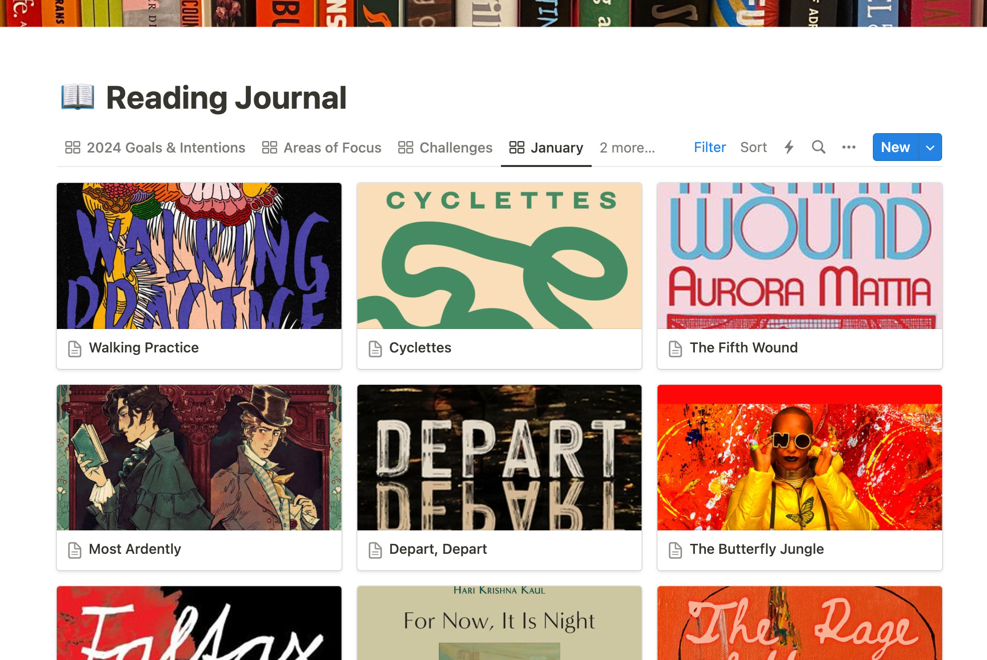 Screenshot of my reading journal in Notion: a collection of six small cover images, each linked to a page where I’ve written about the books.