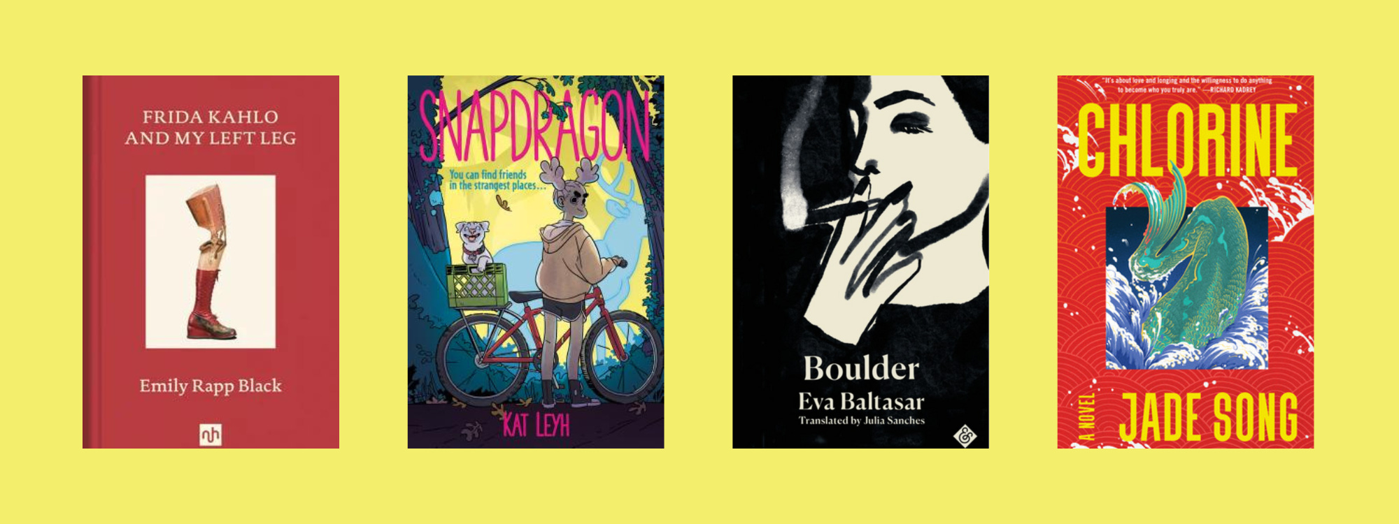 Cover images of the listed books on a yellow background.