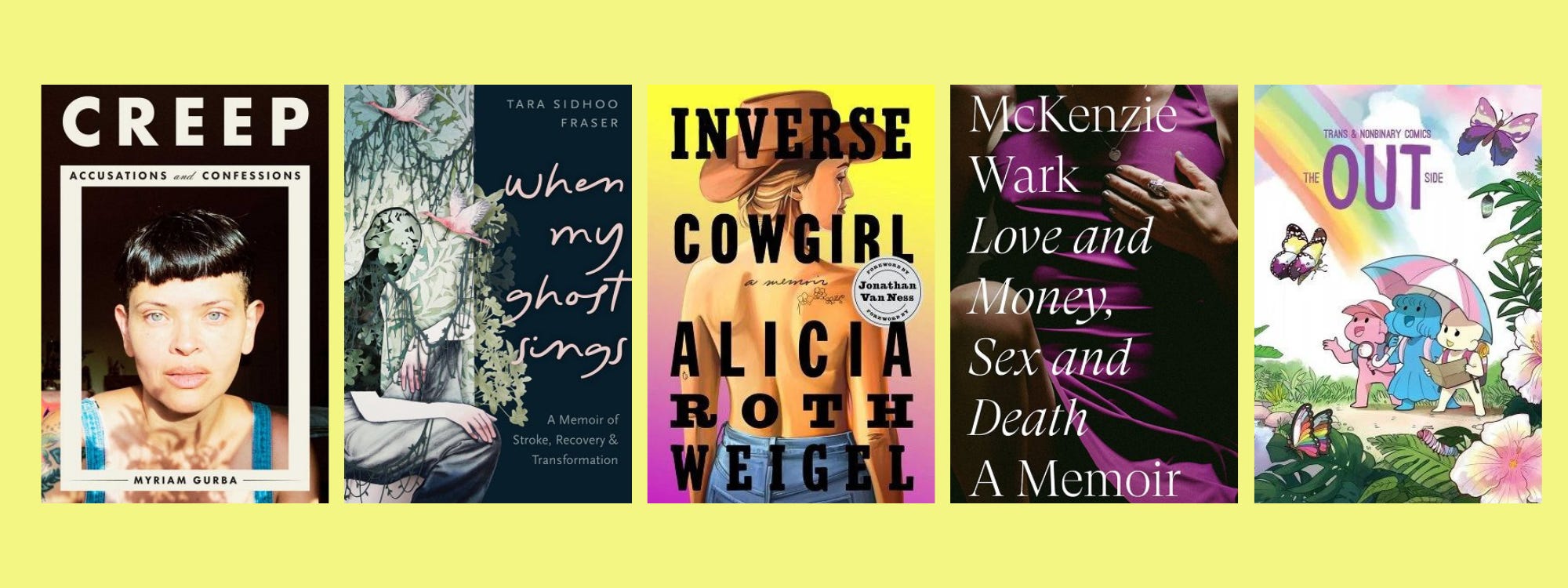 Small cover images of the listed books on a yellow background.