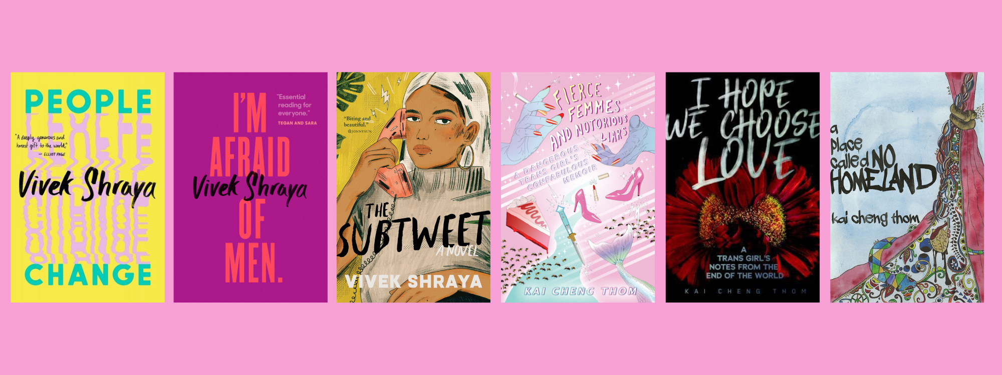 Small cover images of the listed books on a pink background.