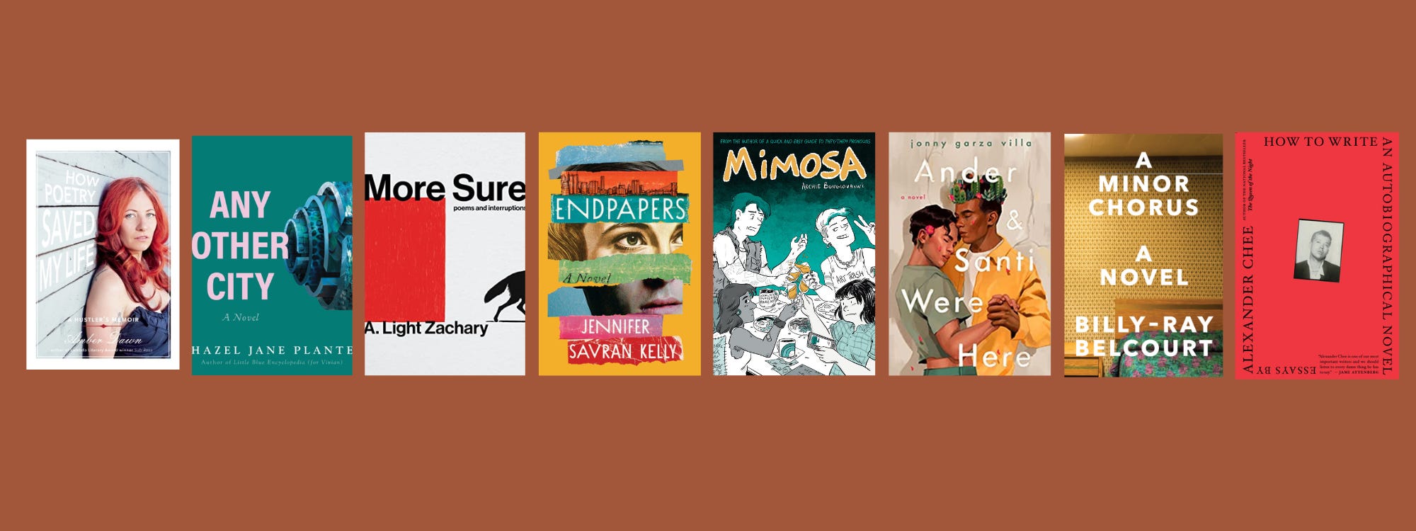 Images of the listed books in a row on a brown background.