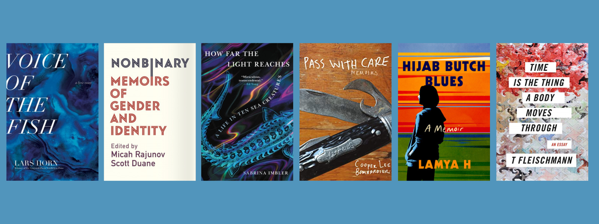 Small cover images of the listed books on a blue background.