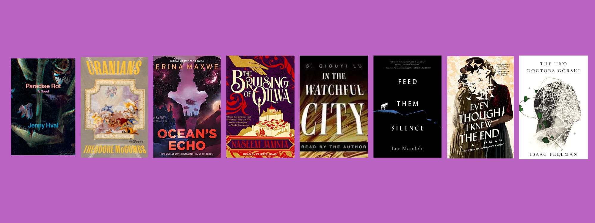 Images of the listed books in a row on a purple background.