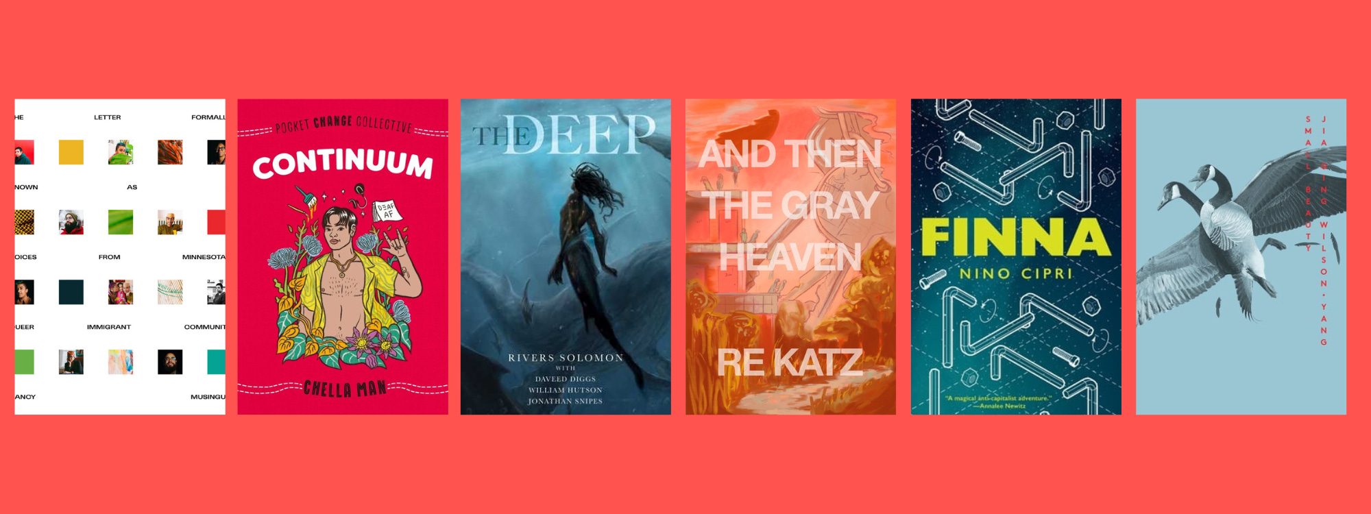 Small cover images of the listed books on a red background.