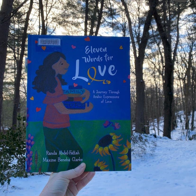 I’m holding this book up in snowy yard surrounded by evergreen trees in the golden morning light.