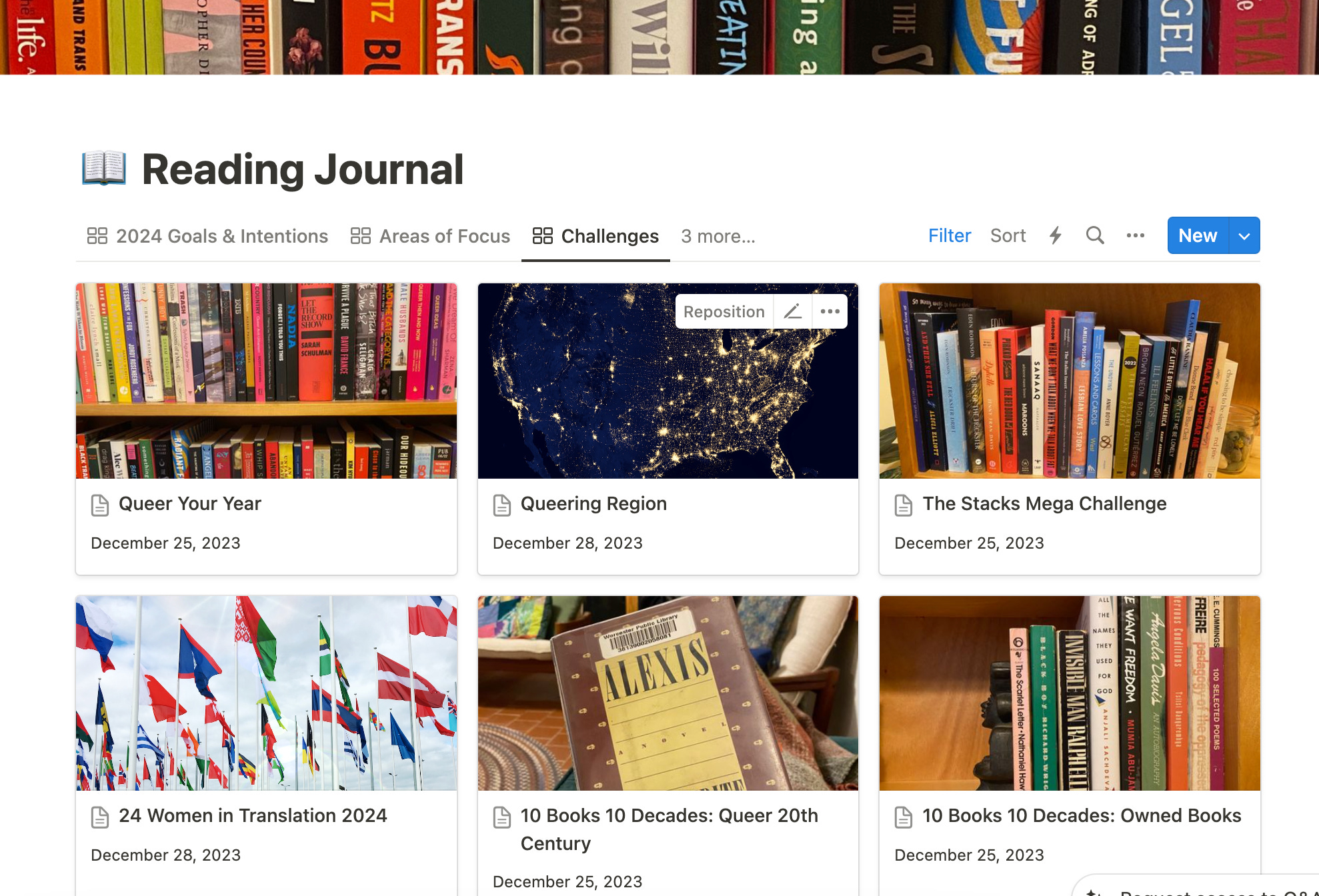 A screenshot of my Notion reading journal, showing small cards for each of the listed challenges, with small matching images (mostly shelves of books).