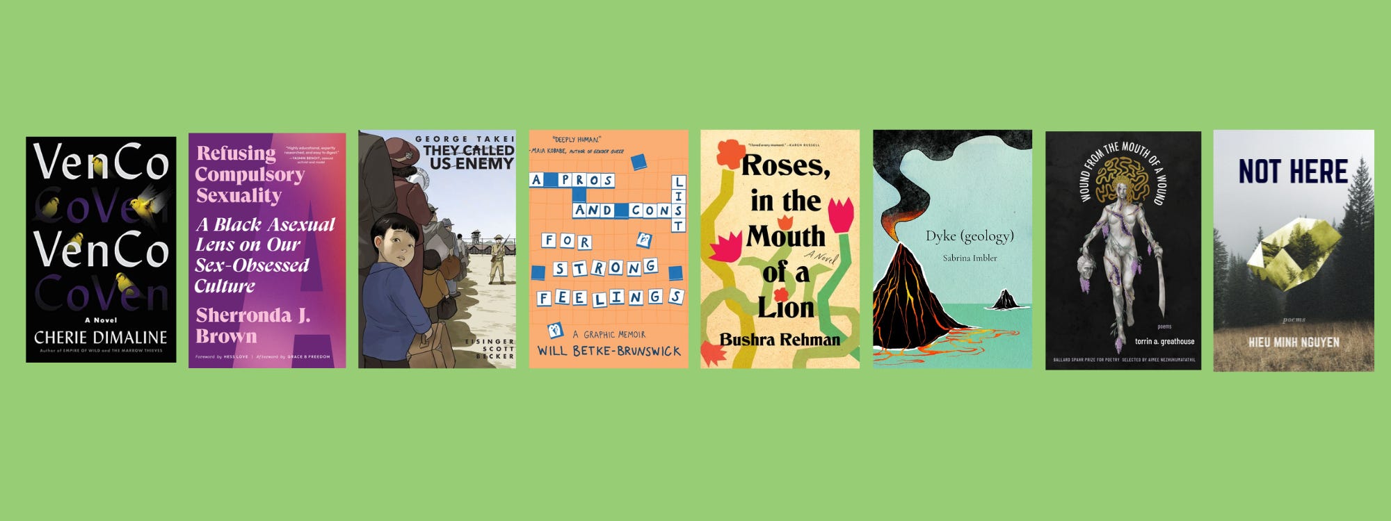 Images of the listed books in a row on a green background.