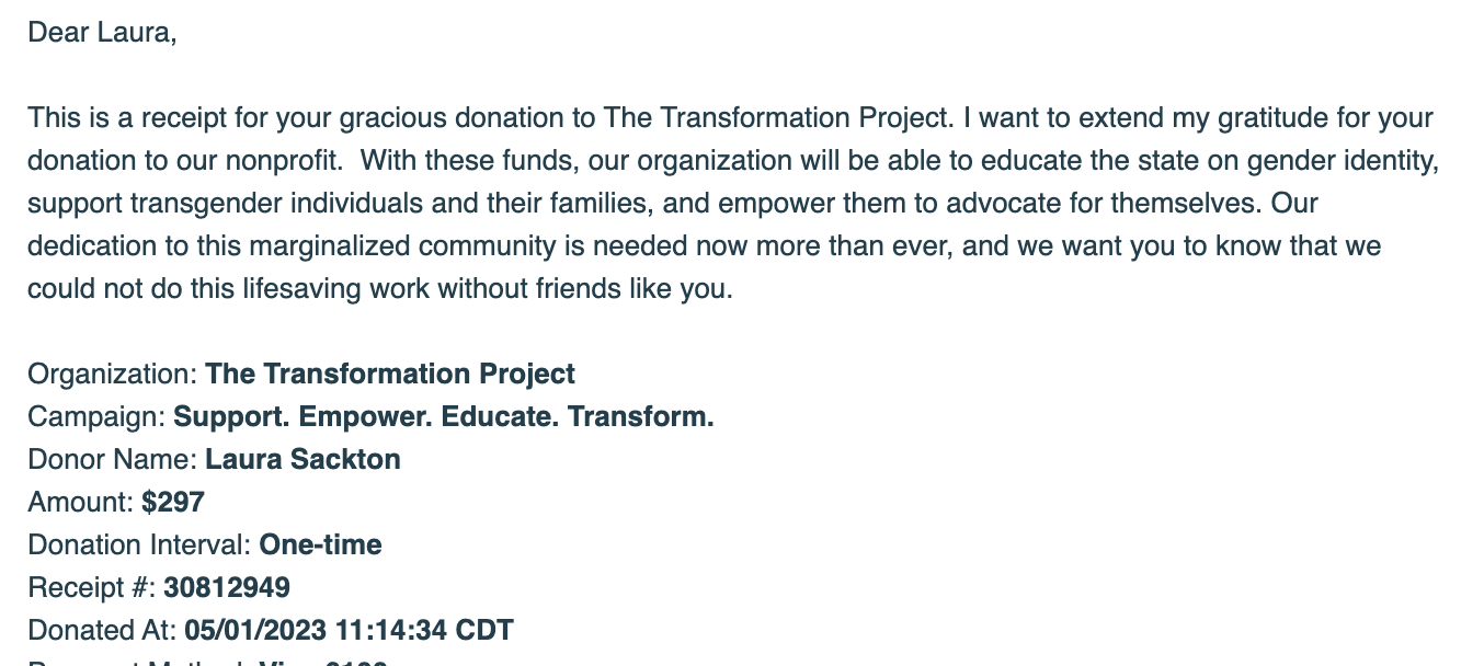 Screenshot of an email thanking me for my $297 donation to The Transformation Project.