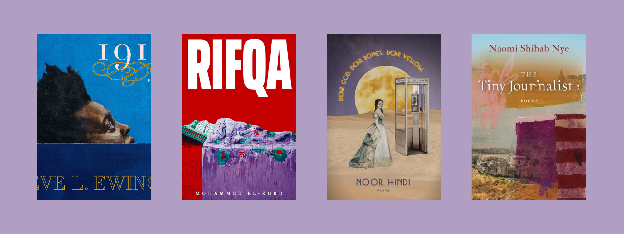 Small cover images of the listed books on a purple background.