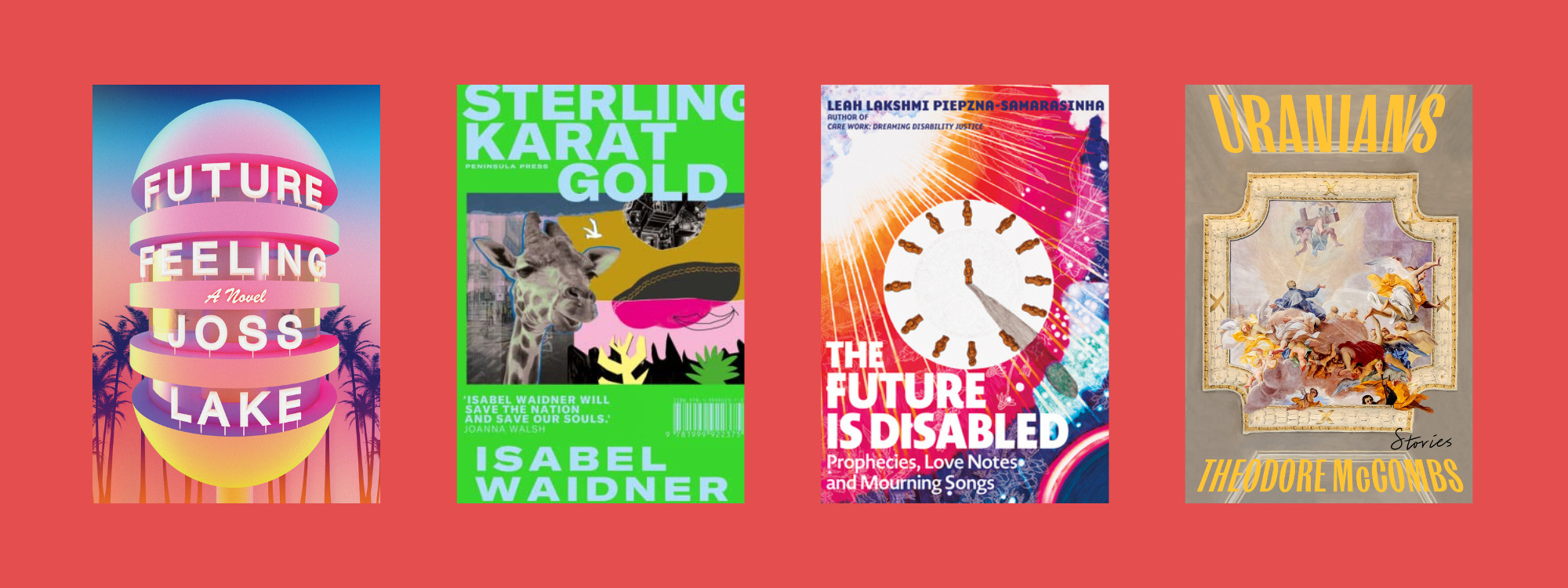 Covers of the listed books on a red background.