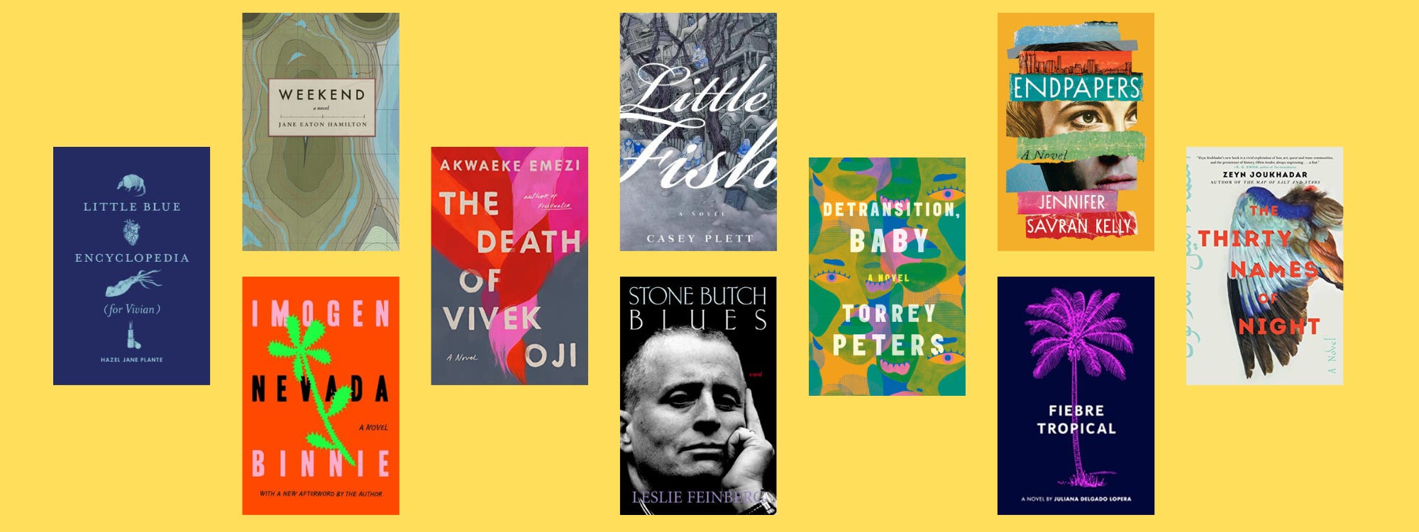 Small cover images of the listed books on a yellow background.