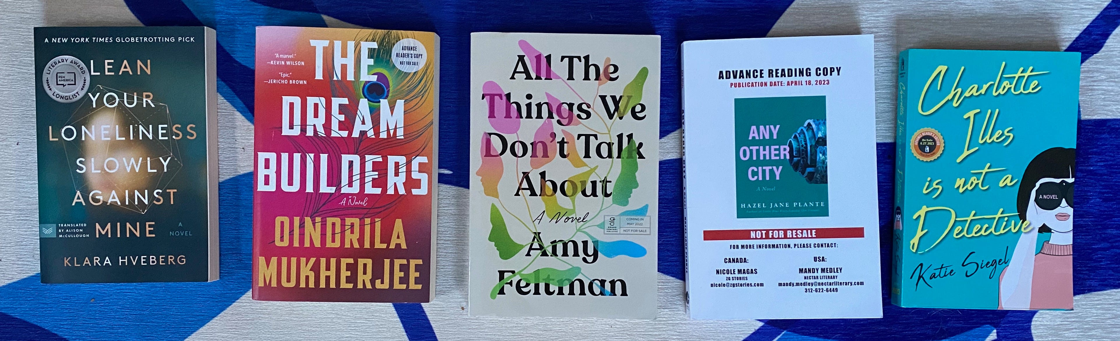 The listed books spread out in a row on a blue and white rug.
