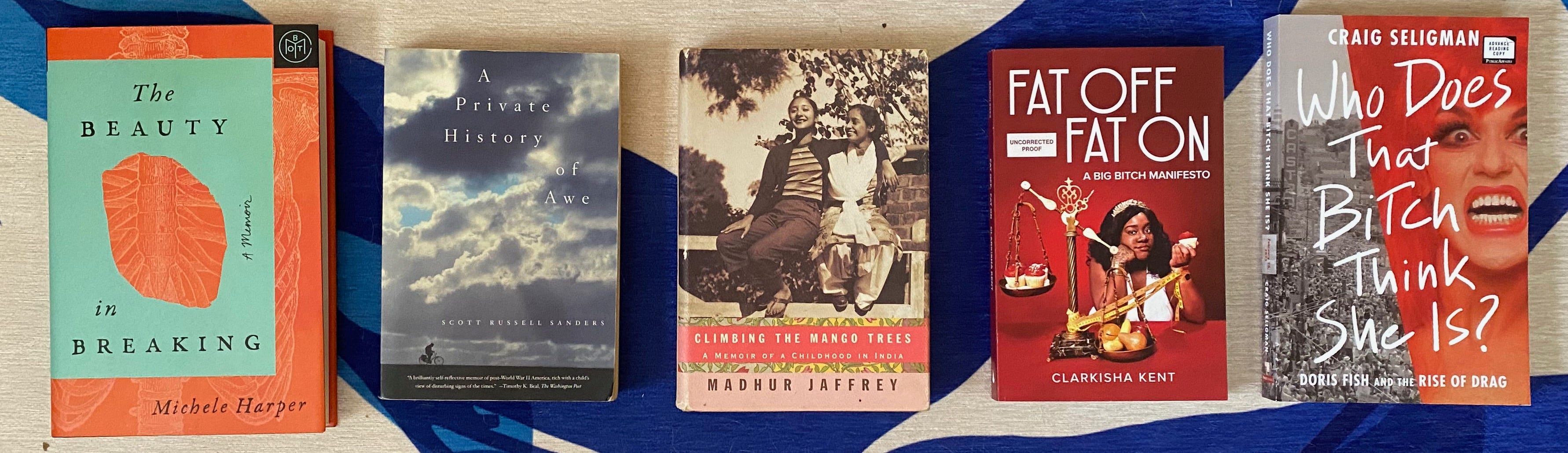 The listed books laid out in a row on a blue and white rug.