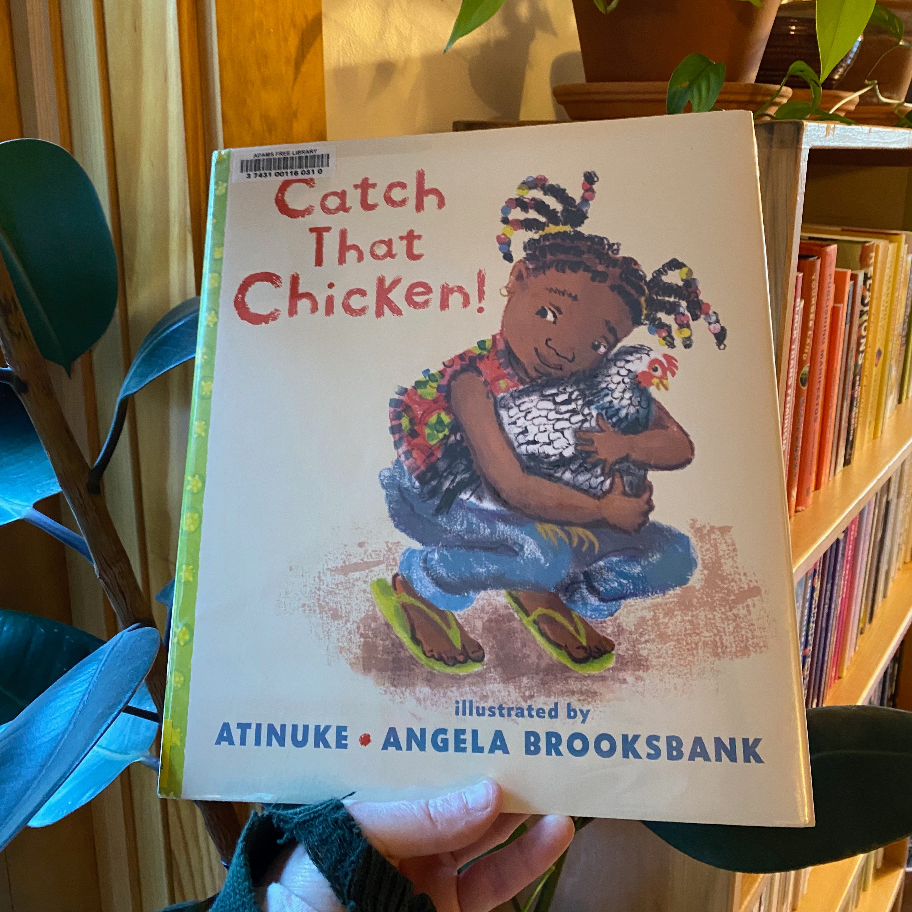 I’m holding this book in front of a sunny bookcase and some houseplants.