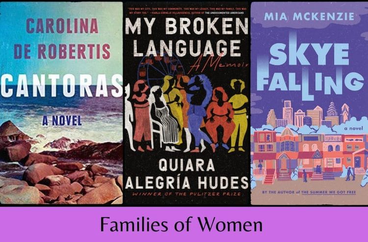 The three listed books in a row, above the text ‘Families of Women’ on a purple background.