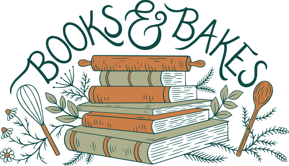 Books & Bakes in a curly font above a stack of books with vines and leaves growing out of them.
