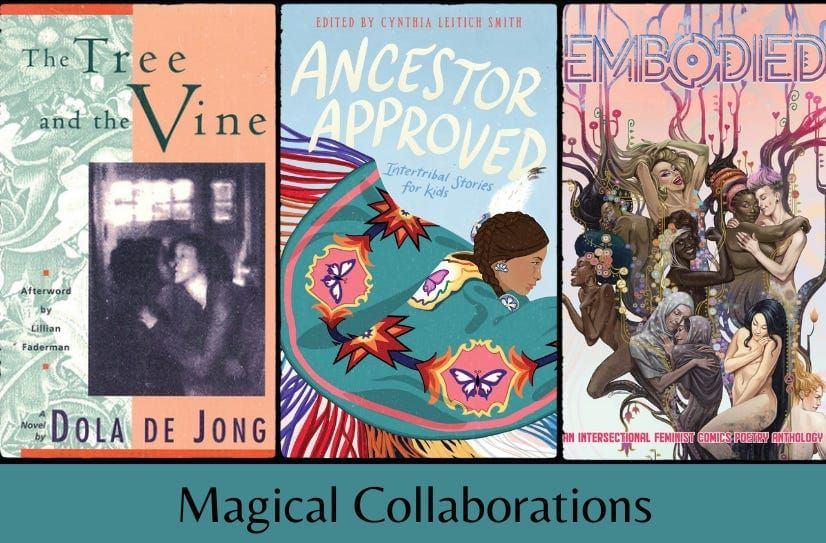 The three listed book covers in a row above the text ‘Magical Collaborations’ on a teal background.