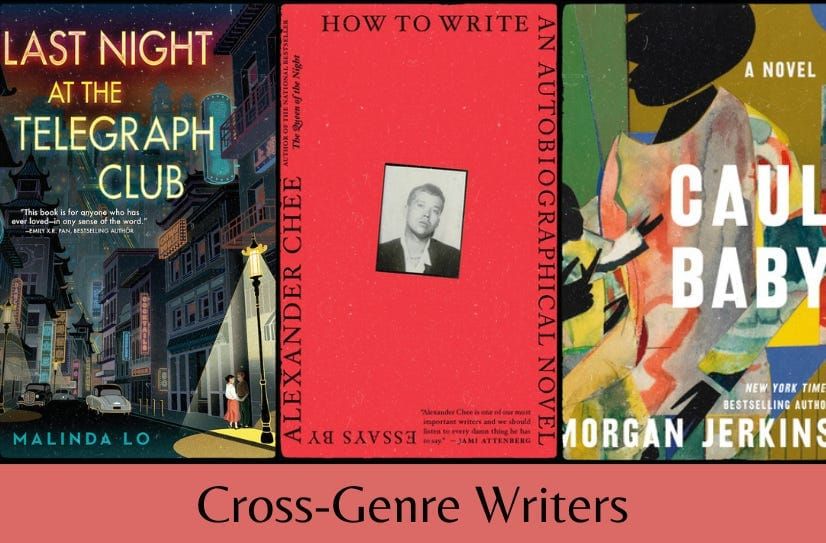 Small cover images of the three listed books above the words “Cross-Genre Writers” on a dull pink background.