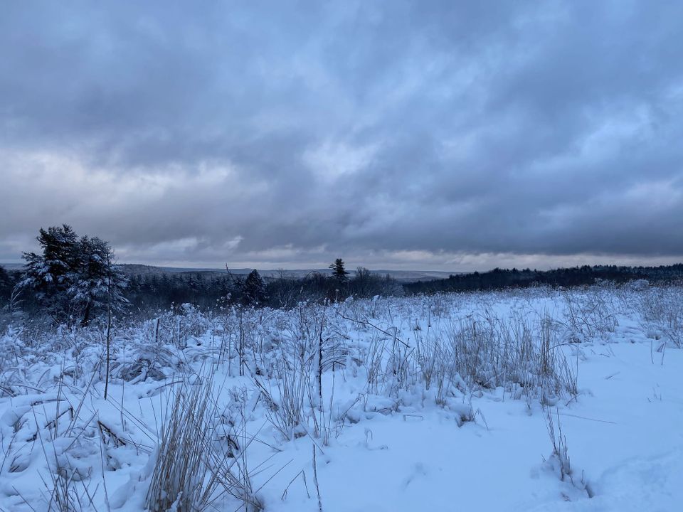 A snow covered ridge under a sky of slate grey clouds.