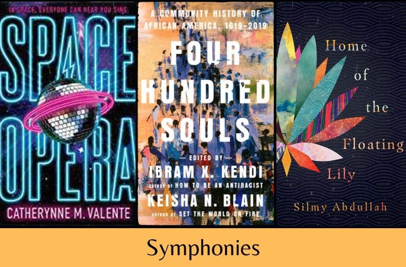 The three listed book covers above the text  ‘Symphonies’ on a pale orange background.