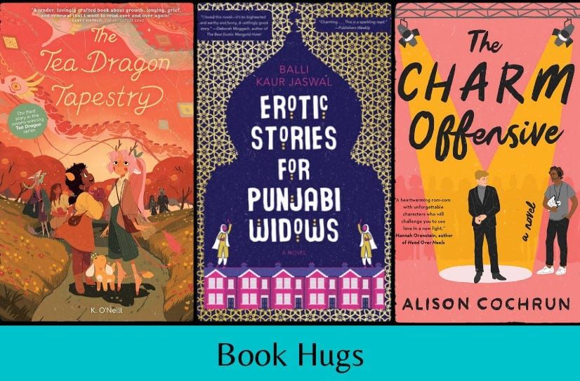 The covers of the featured books above the text “Book Hugs” on a blue background.