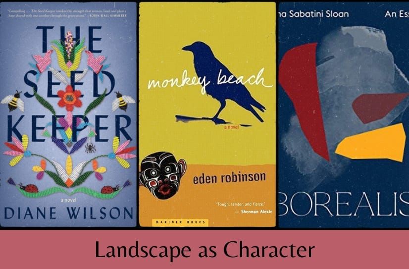 The three listed book covers in a row above text ‘Landscape as Character’ on a dark red background.