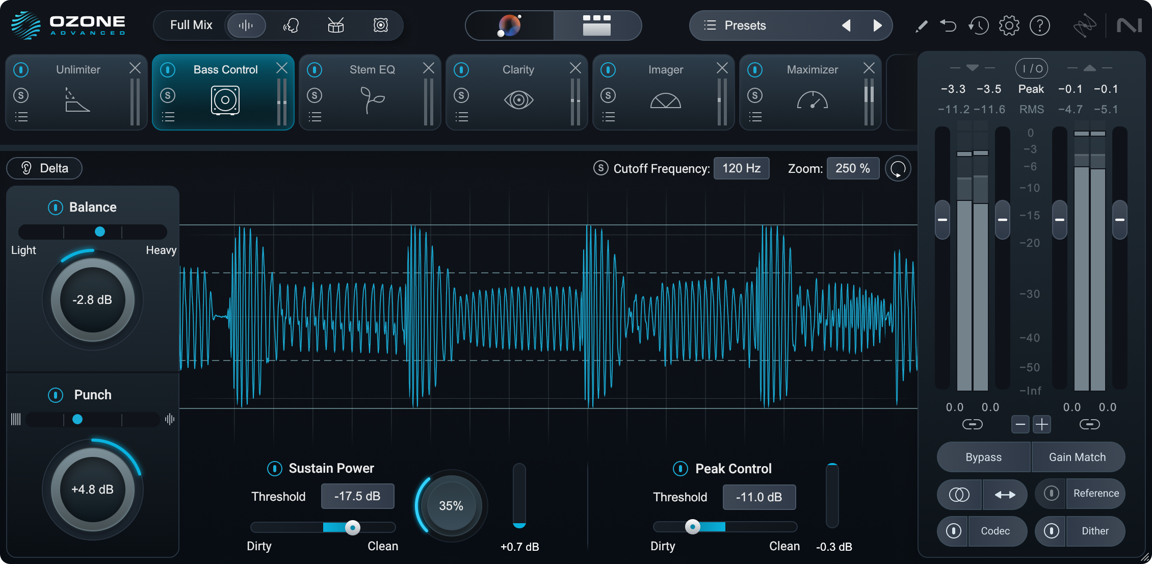 iZotope Ozone 12 Advanced mastering chain with the Bass Control module open
