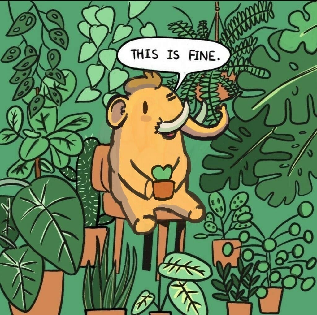picture of a happy mastodon sitting surrounded by greenery how holding a love heart in a cup