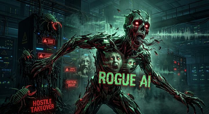 image of a scary AI with screaming faces and a zombie like green creature standing in front of technology