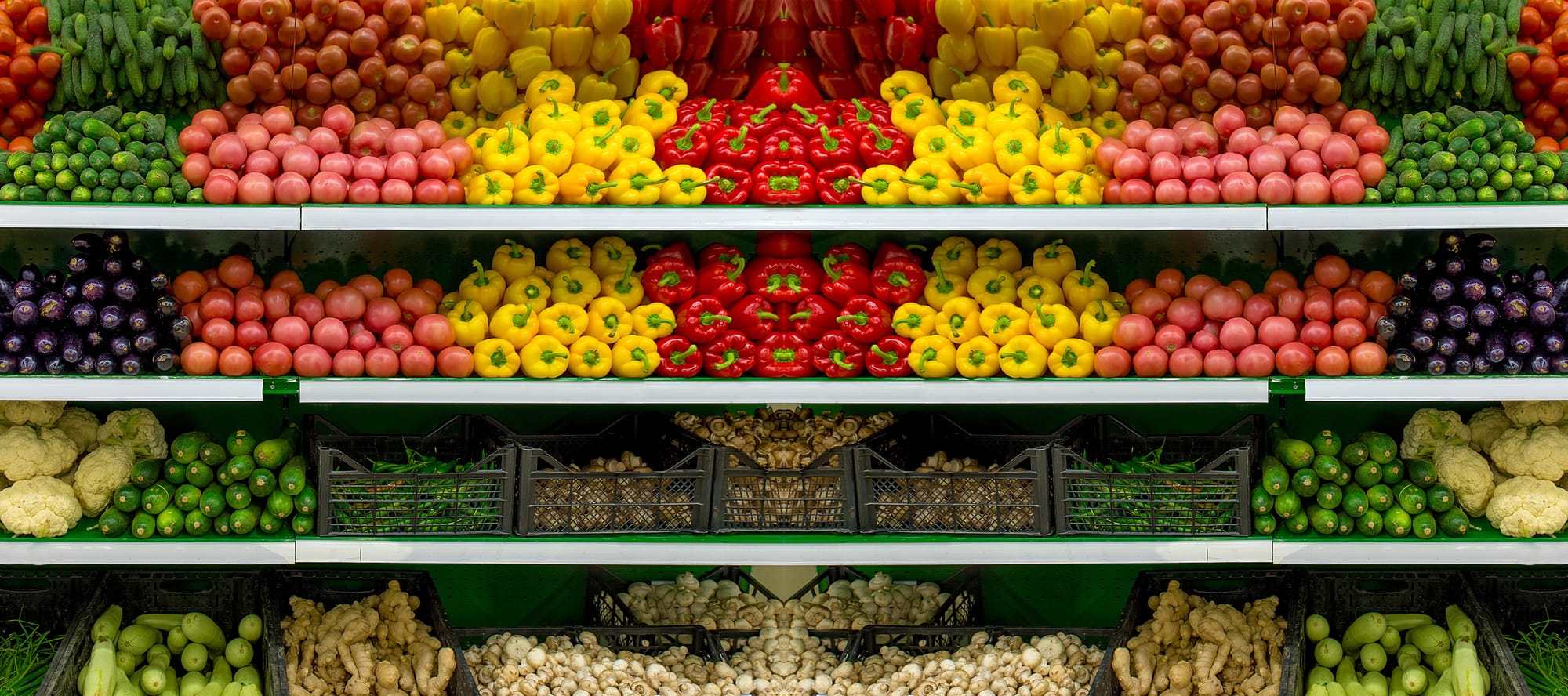 Vegetables on a shelf in a supermarket.