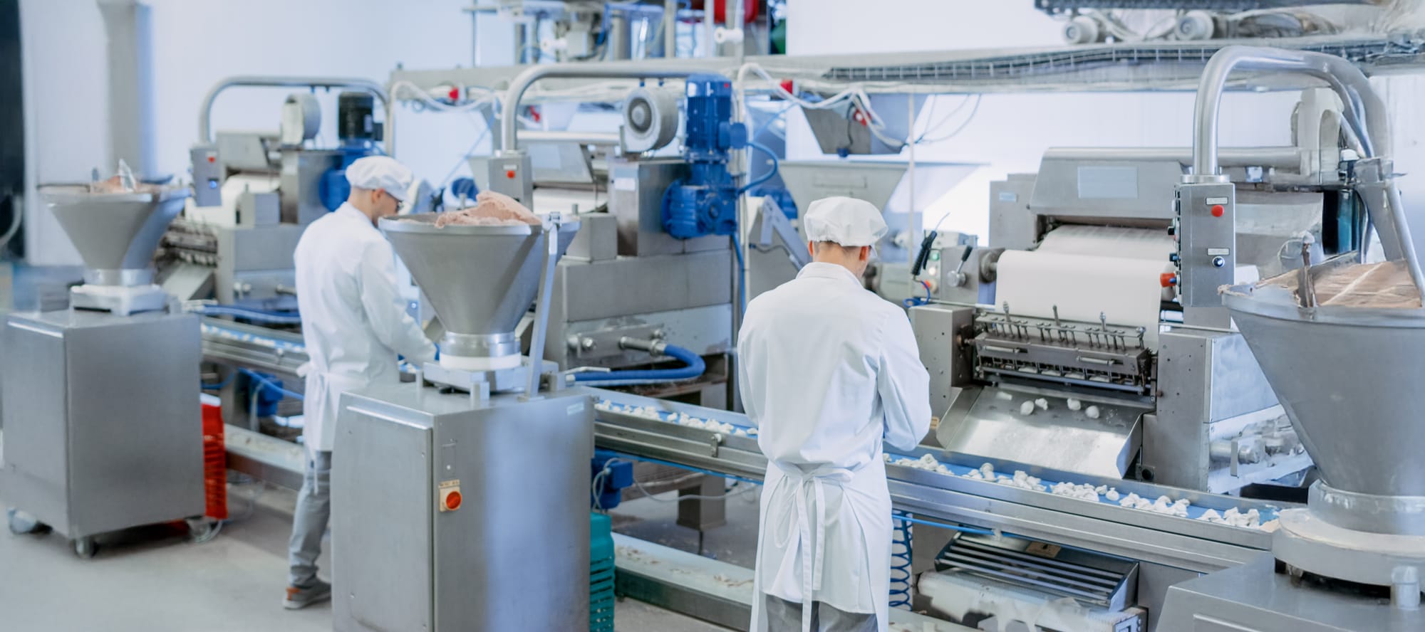 Two Males Work at a Factory with meat processing equipment with Their Backs to Camera and Produce Manual Labor on the Line. How to Buy Meat Processing and Butcher Shop Equipment at Auction