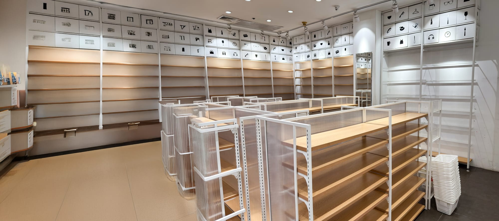 Retail store with fully installed empty white shelves and bright lighting