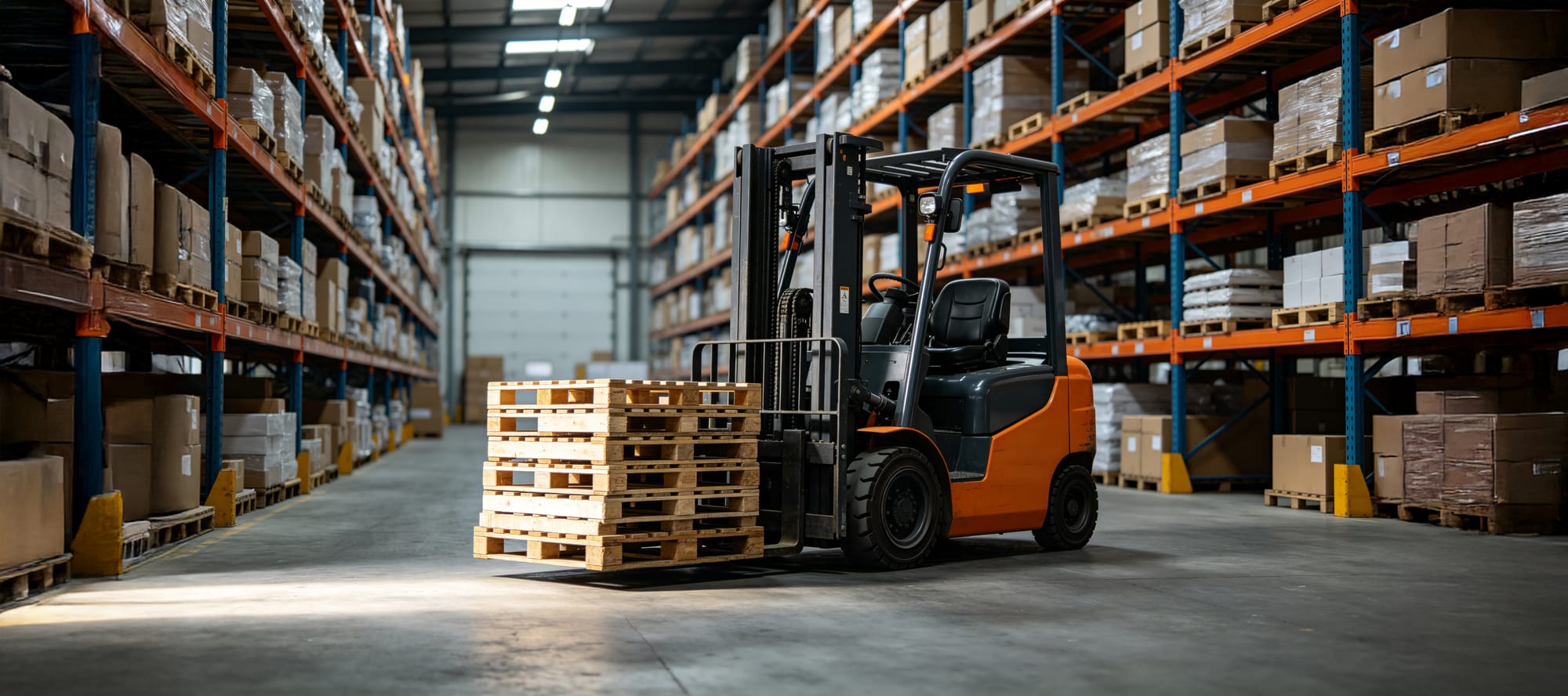 Forklift Transporting Wooden Pallets in Distribution Center