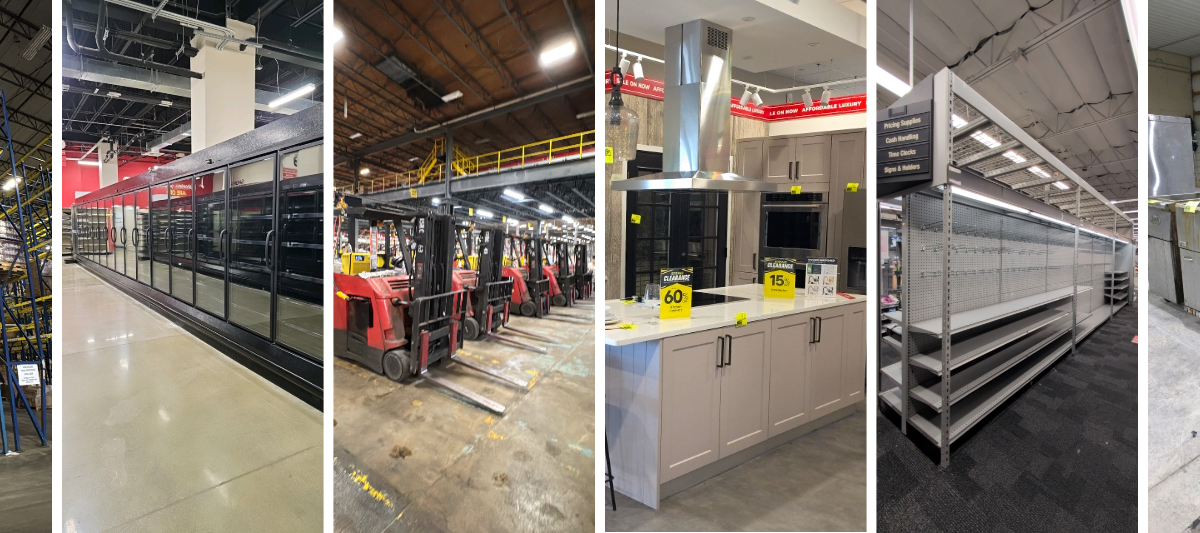 Collage of Grafe Auction liquidation lots: glass-door refrigerated cases, a row of warehouse forklifts, a floor-model kitchen display, and retail gondola shelving.