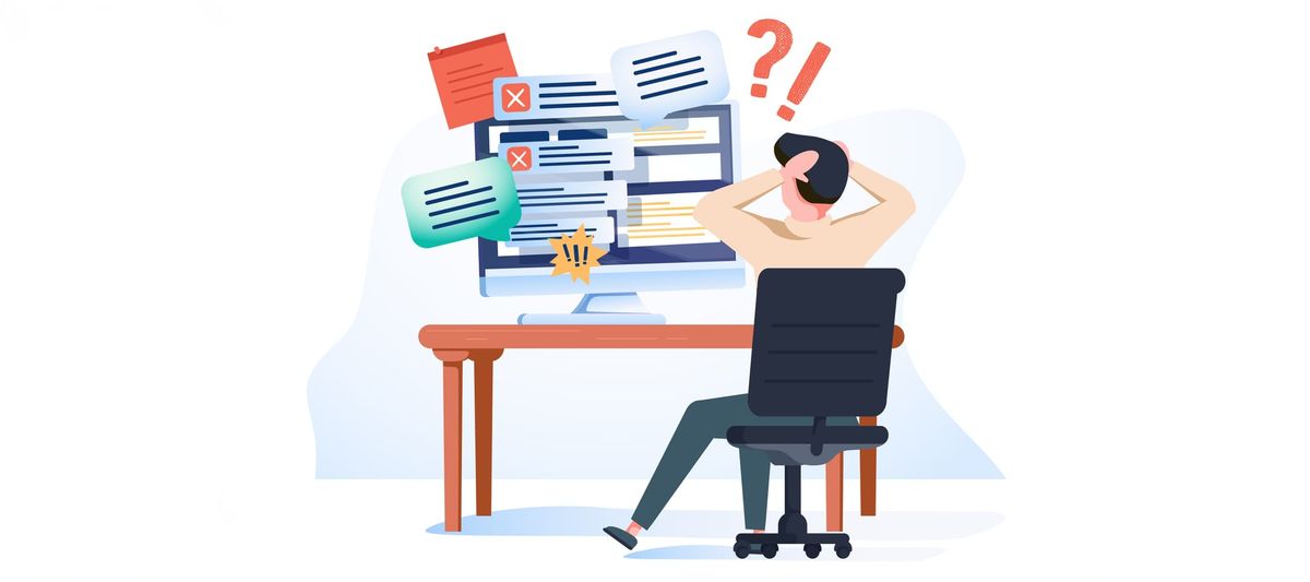 Scene of tired, nervous, stressed man clutches head while looking at a computer.