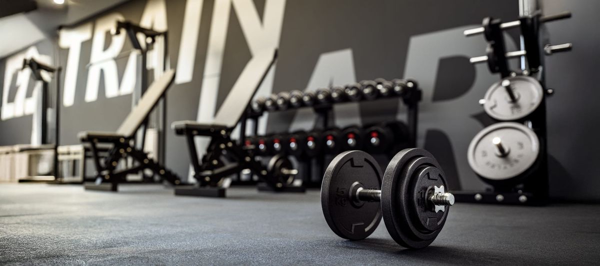 Free weights and fitness equipment for training exercise in gym