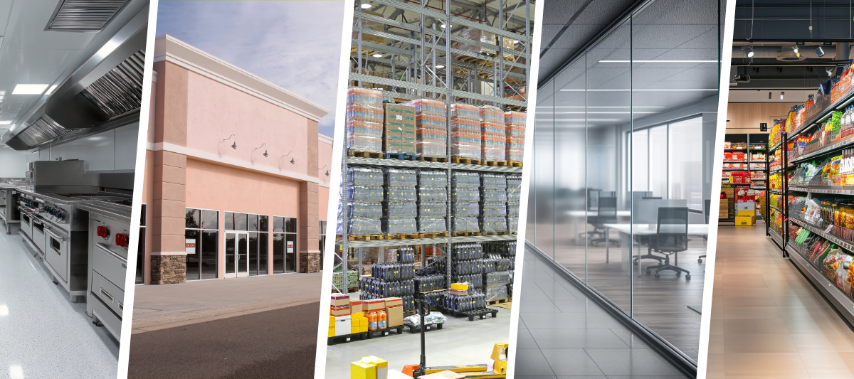 Collage of commercial spaces: restaurant kitchen, retail storefront, warehouse, office, and grocery store aisles.