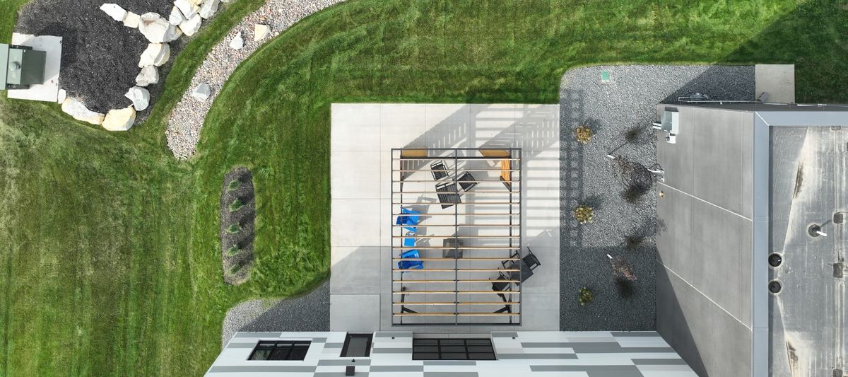 Aerial view of Grafe Auction's back patio.