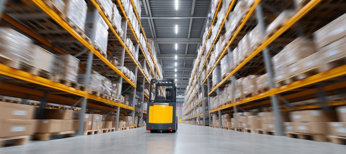 Forklift navigating through a spacious warehouse filled with stacked cardboard boxes on shelves