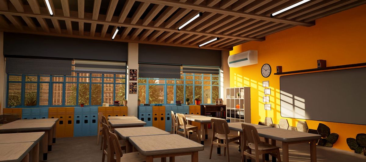  empty school classroom with wooden desks, bright yellow wall, and chalkboard