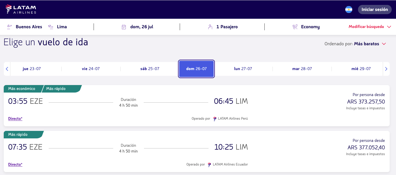 Captura de panta del 16 de abril de 2026 en la página web de la aerolínea.