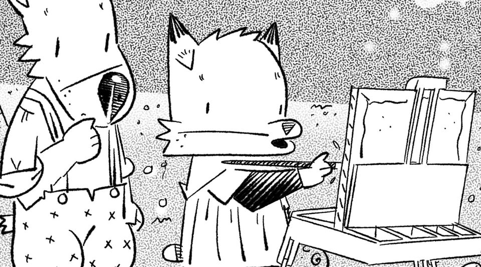 Lydia paints a road in the woods.