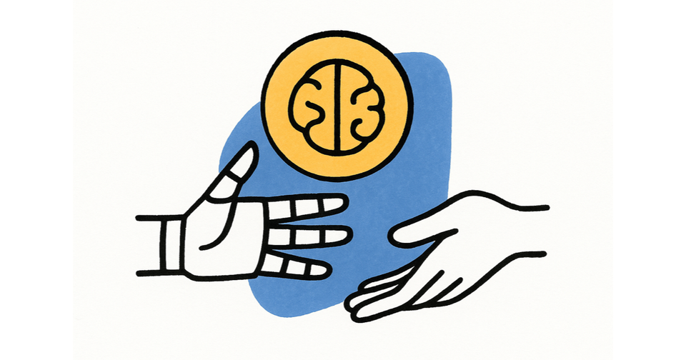 Hand-drawn sketch: AI handing a conversation over to a human host
