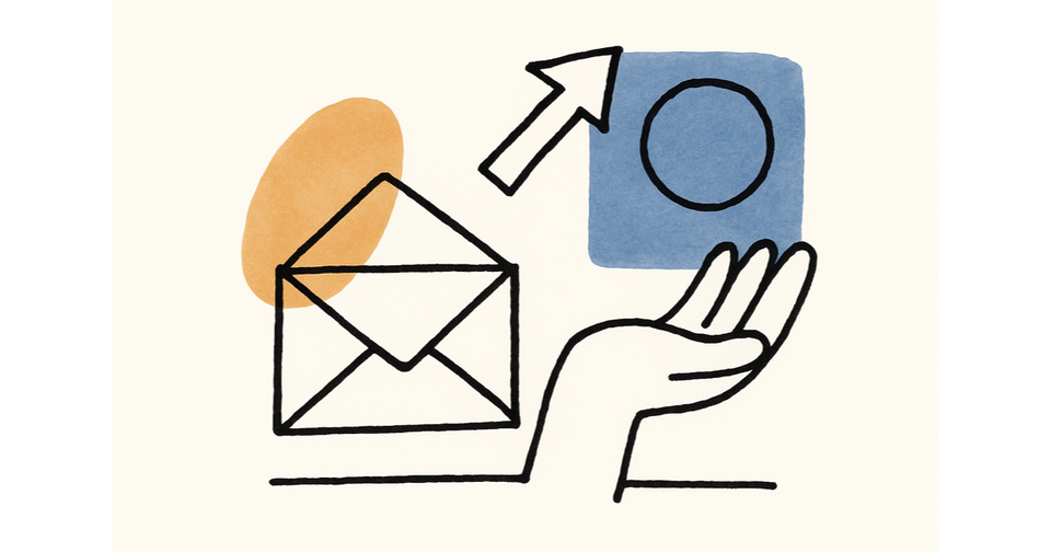 Hand-drawn sketch of an envelope being handed off, for Inbox Zero in a shared guest inbox