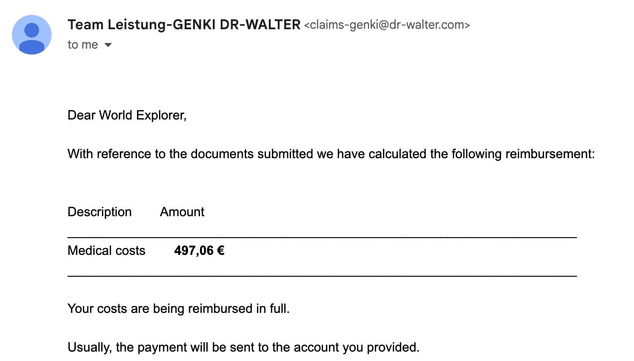 Screenshot of reimbursement from Genki Explorer health insurance