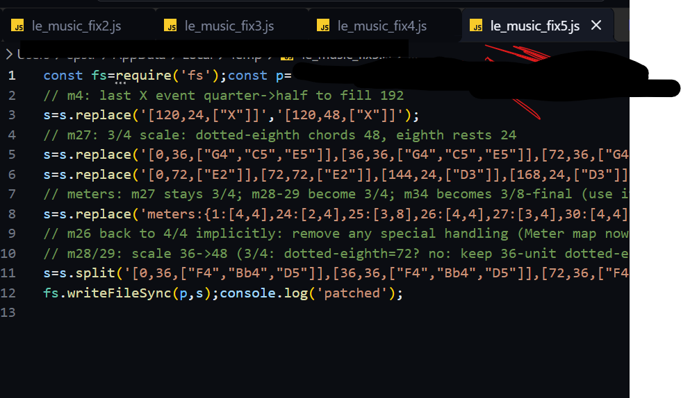 Screenshot of le_music_fix5.js: a Node script doing s.replace() on note-event strings, with comments like "m4: last X event quarter->half to fill 192" and "m27: 3/4 scale: dotted-eighth chords 48, eighth rests 24" and a rewritten meters map.