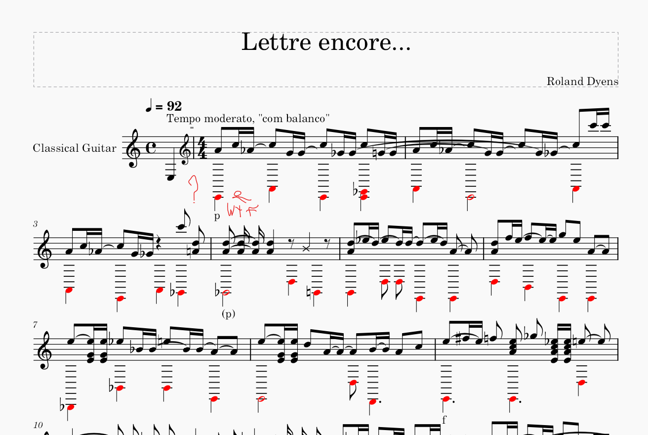 Muse Wonder's MuseScore render of Lettre encore mm. 0–6: the melody is roughly right, but every bass note sits at the bottom of a ladder of about ten ledger lines, flagged red by MuseScore as out of range.