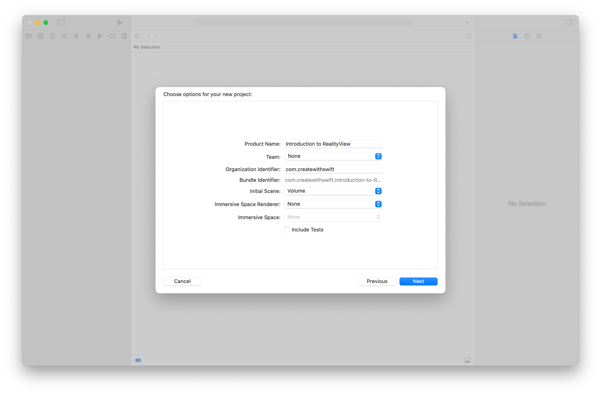 A screenshot of the Xcode interface displaying the project setup options for a new project named “Introduction to RealityView.” The fields include Product Name, Team, Organization Identifier, Bundle Identifier, Initial Scene, Immersive Space Renderer, and Immersive Space, with options for Volume and None selected respectively. The interface also has buttons for “Cancel,” “Previous,” and “Next.”