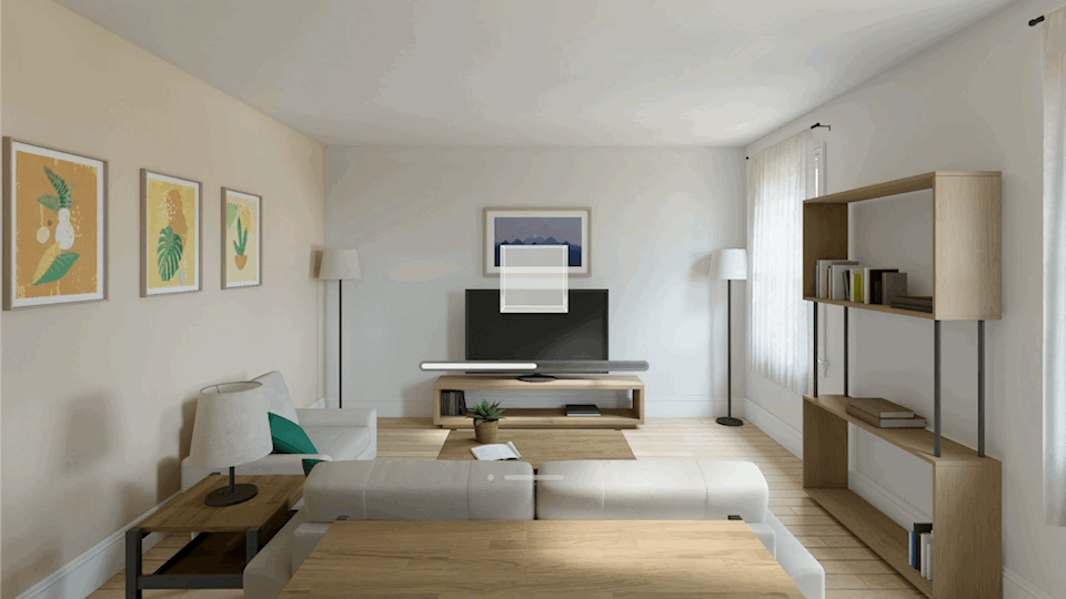An animated GIF showing an the GlassCube in a living room viewed through Apple Vision Pro. The cube is resizing according to the values of the Slider.